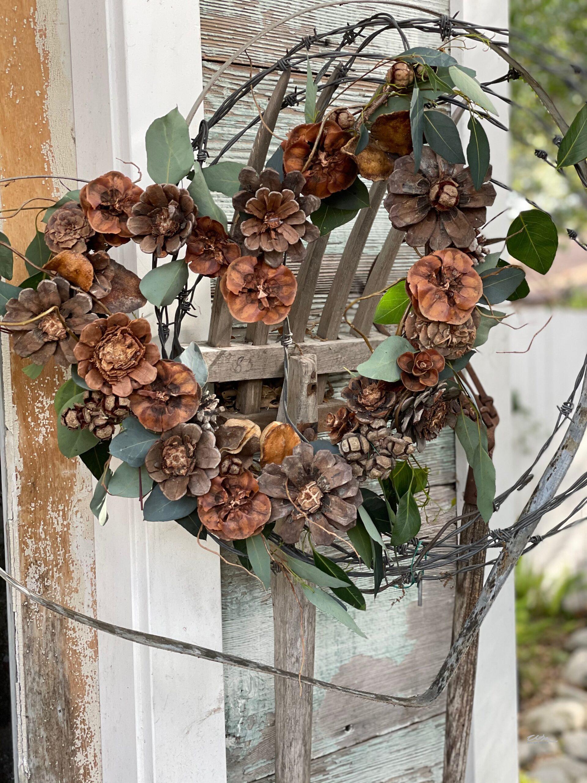 heart wreath made with pine cones for Valentie's Day