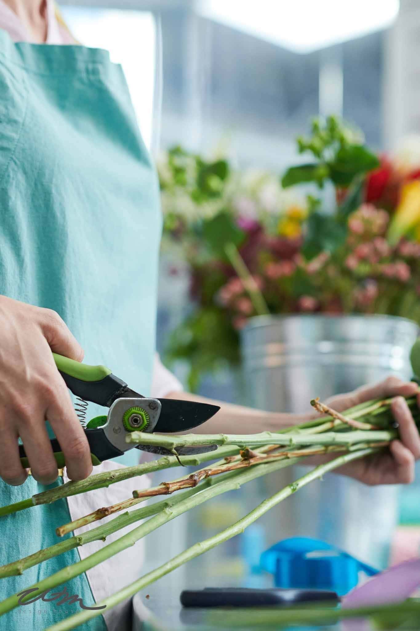 How to Keep Flower Arrangements Fresh and Beautiful for Days. A person wearing a light blue apron uses garden shears to trim the stems of flowers, demonstrating how to keep flower arrangements fresh. Various colorful flowers and tools are neatly arranged on the table in the background.