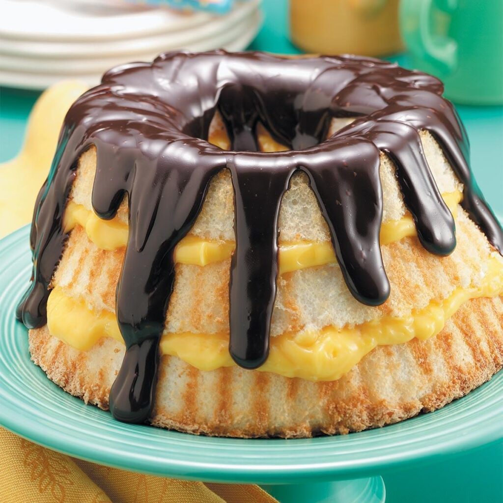 Boston Cream angel food cake with chocolate frosting
