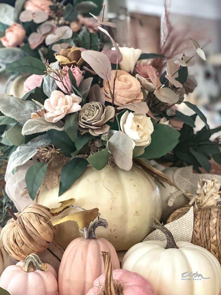 pumpkin arrangement with wood flowers 