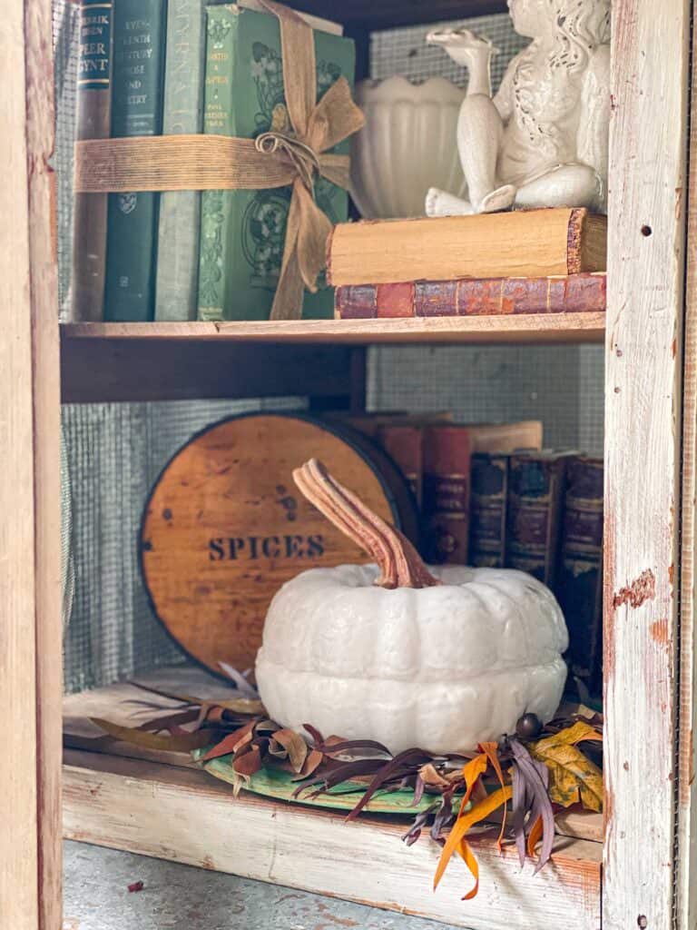 Pumpkin bundt cake inside a vintage pie safe with some old books, fall leaves, and a spice box. 