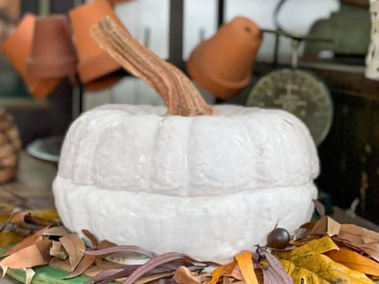 A Pumpkin Spice latte cake displayed in a vintage pie safe.