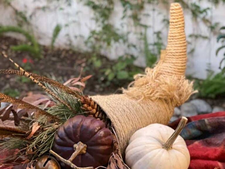 Finished Cornucopia basket with pumpkins and gourds.