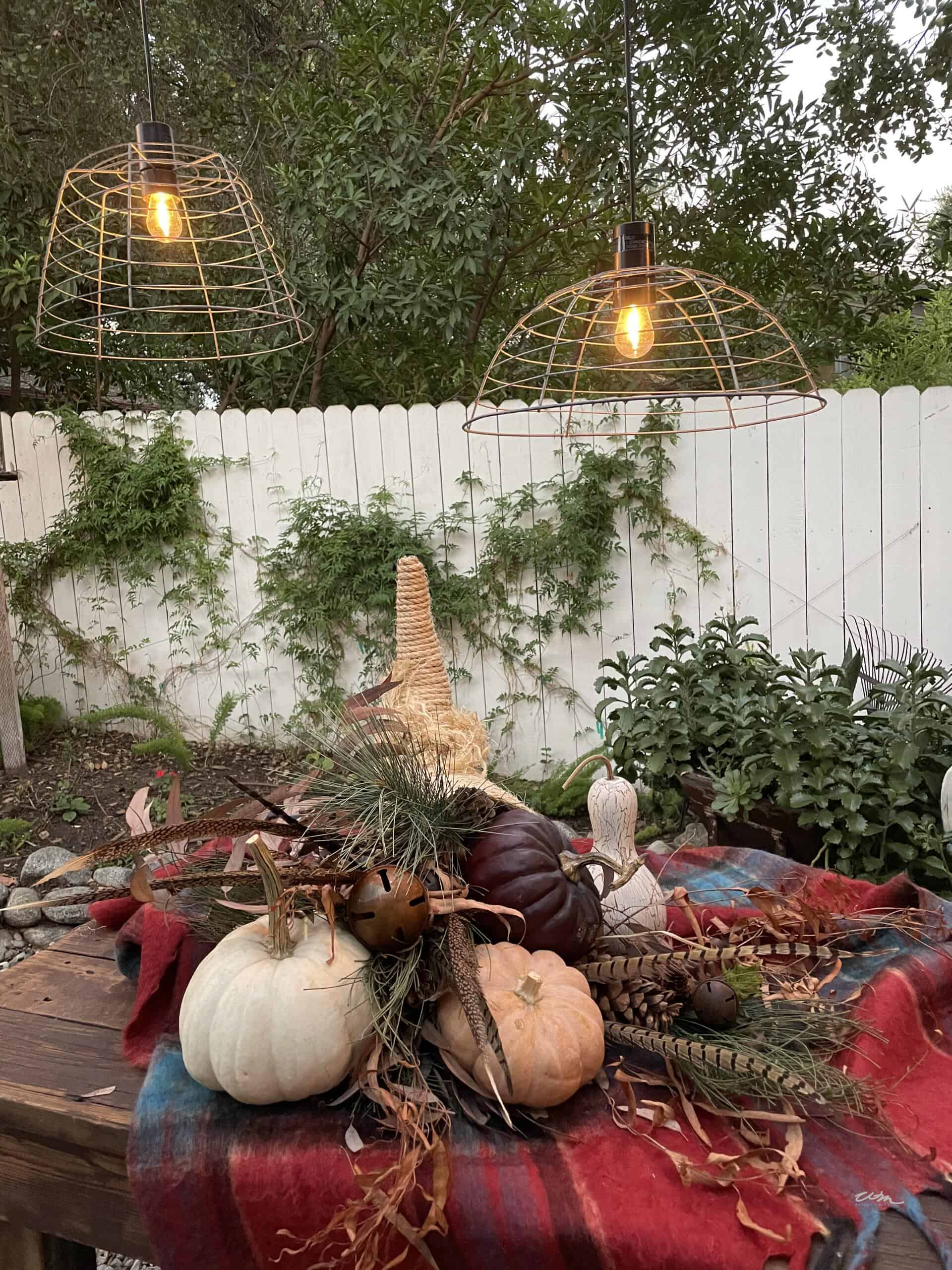 A wooden table in a backyard holds a fall-themed arrangement featuring white, orange, and dark pumpkins, pinecones, dried foliage, and decorative gourds on a red plaid cloth. Two cage-style pendant lights hang above, with a DIY cornucopia woven from rope adding charm. A white picket fence with greenery is in the background.