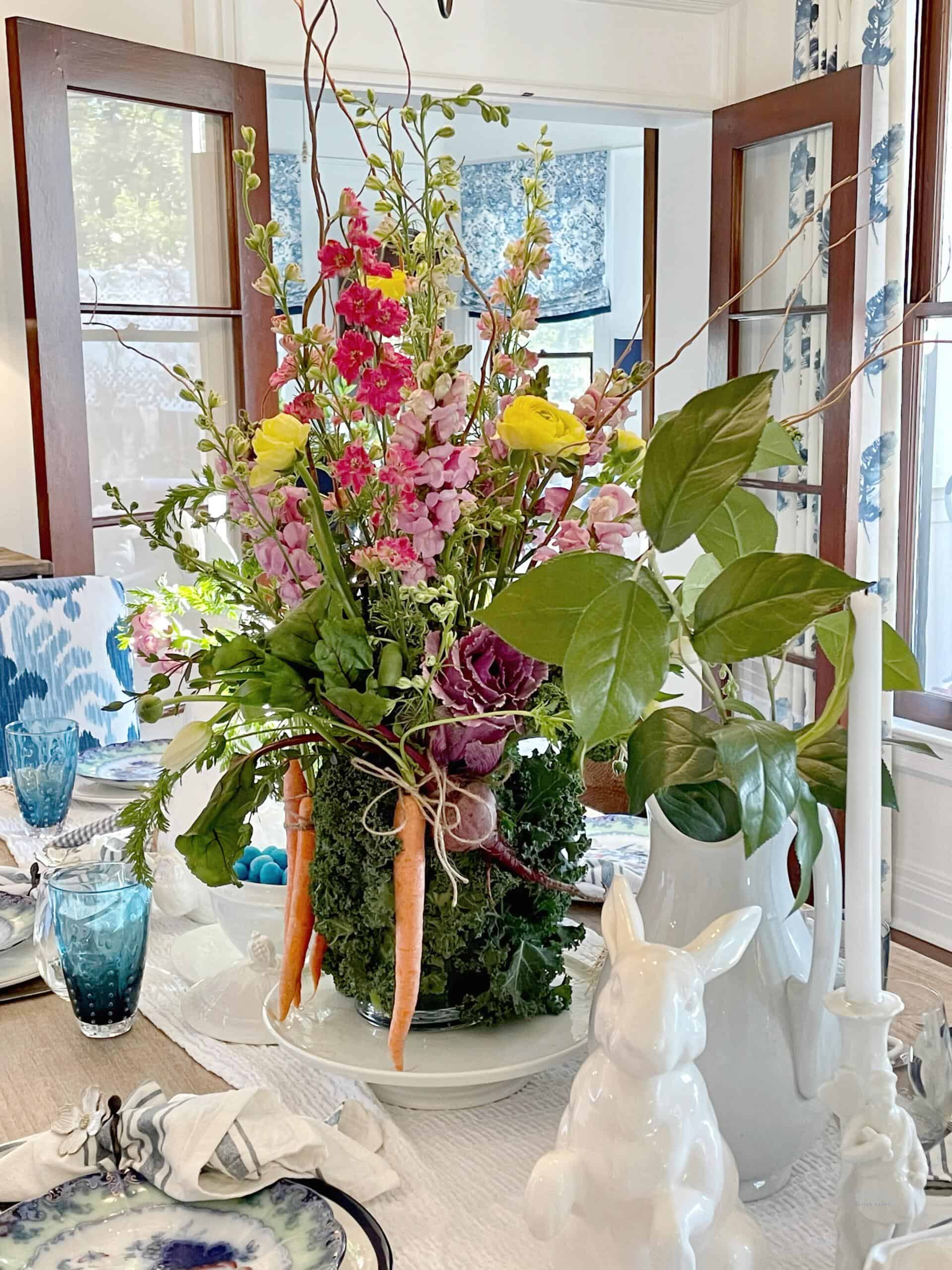 Cylinder vase turned into a creative spring vase wrapped with fresh kale and carrots