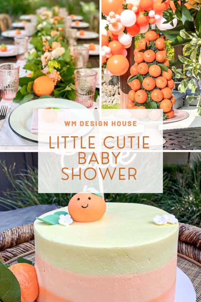 Images of a cake, a little cutie tree, and a tablescape are all parts of a little cutie baby shower. 