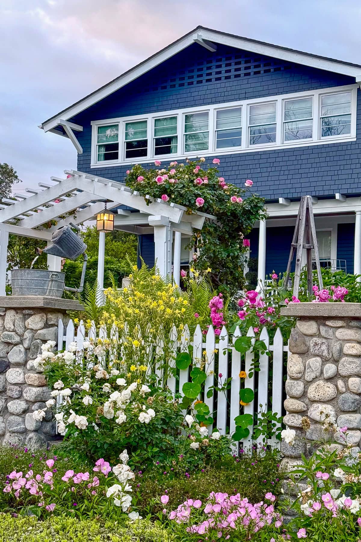 A charming blue house with white trim and a lush garden full of colorful flowers stands behind a white picket fence and stone wall. Roses, tended with tips for beautiful roses, climb the pergola and spill over the fence, creating a vibrant scene.