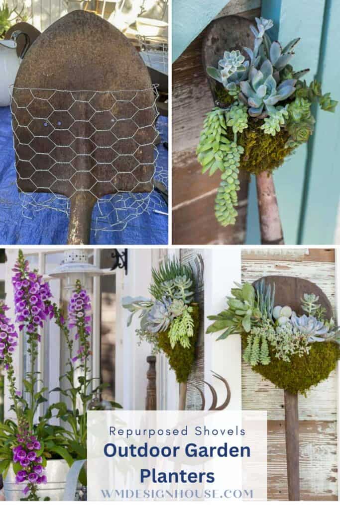 DIY Succulent planters made out of recycled tools, rakes, and more leaning against a shed wall.