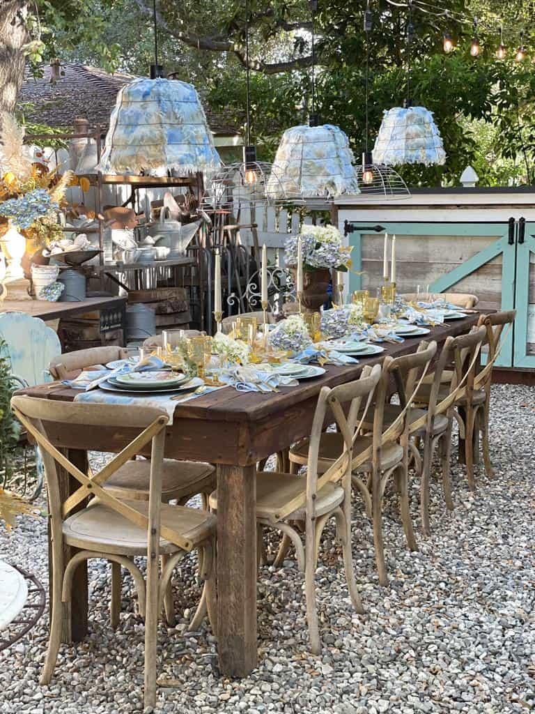 OUTDOOR CHANDELIERS WITH FABRIC LAMPSHADES 