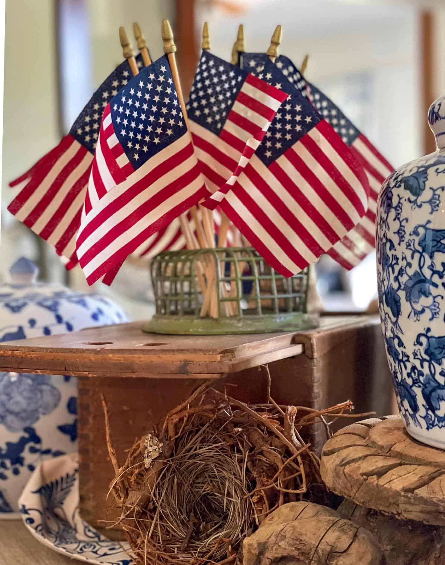 Using a floral frog to display mini American flags