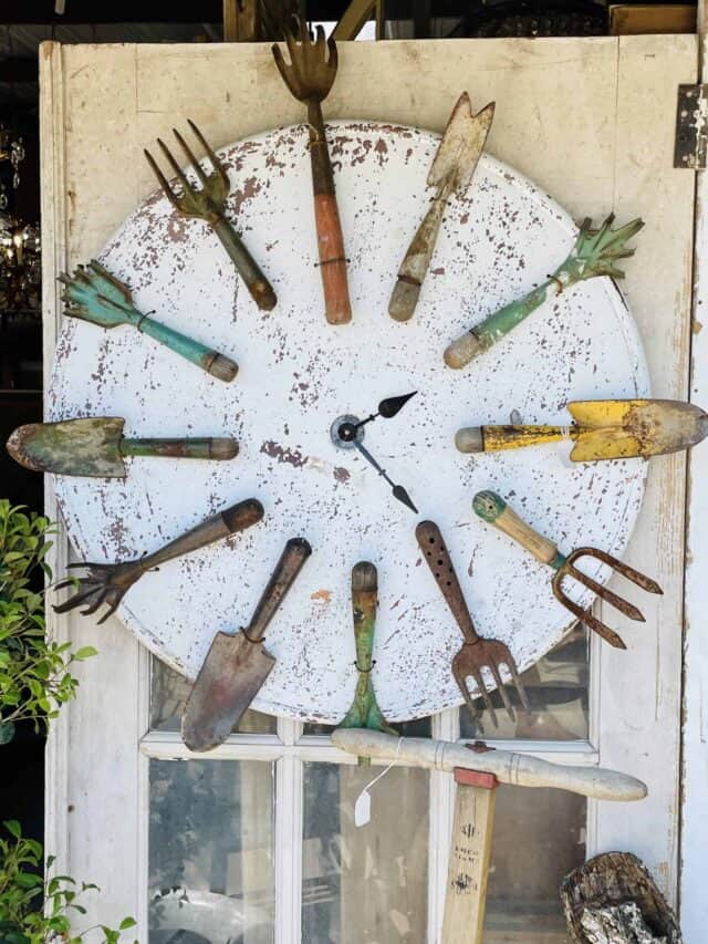 Vintage garden decor indooors- Clock made out of vintage garden tools