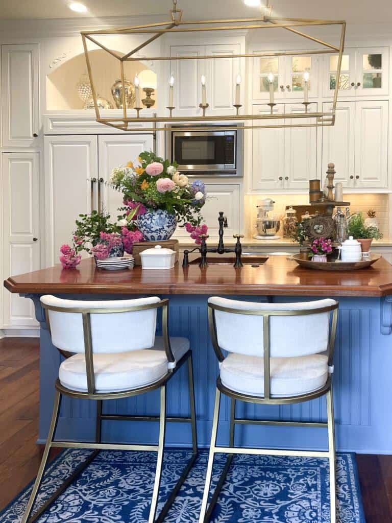 White cabinet kitchen with blue island -new traditional decor 
