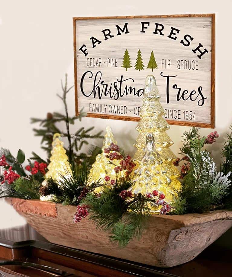 Farm Fresh Christmas tree sign over glass Christmas trees in a large dough bowl 