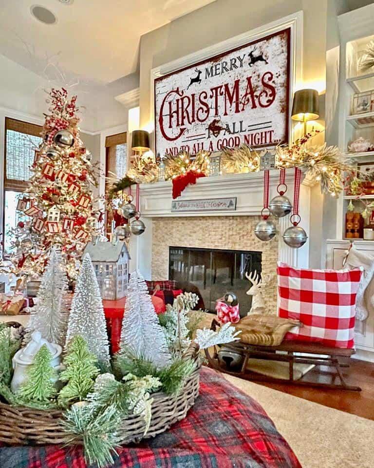 Family Room Christmas , with Chrismtas sign and trees with red and white ornaments