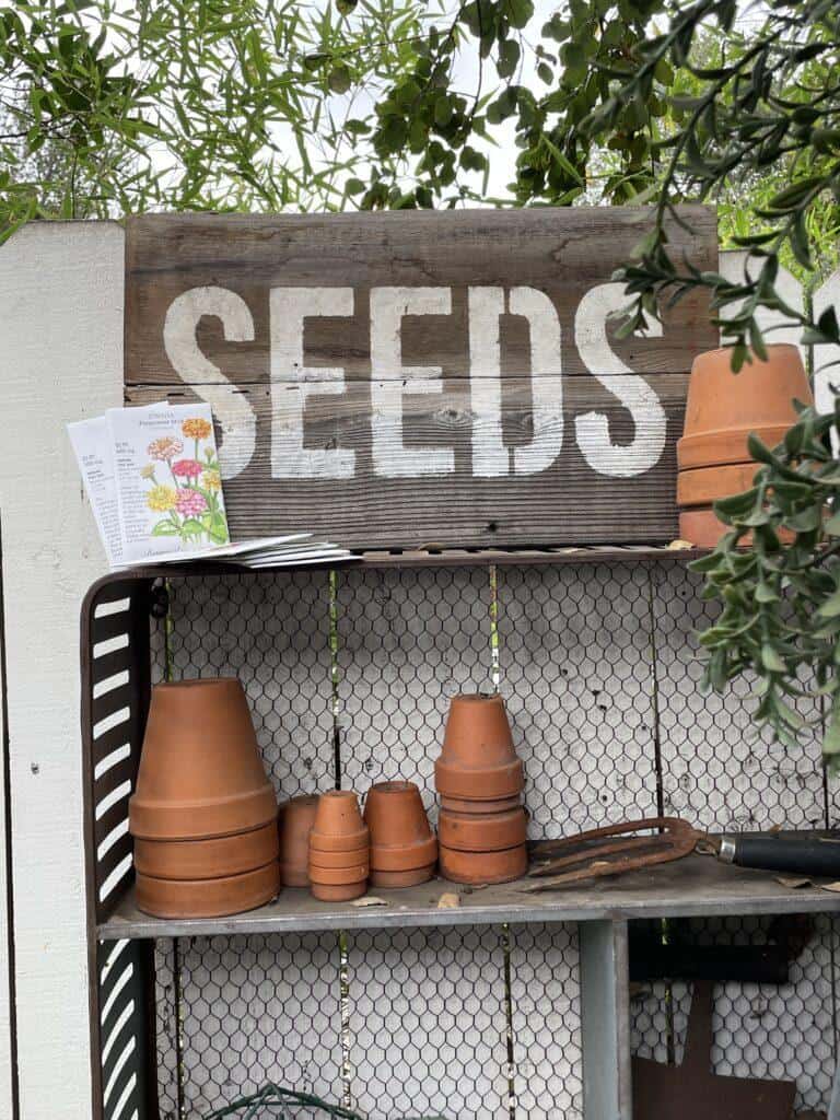 Terracotta pots and other supplies needed to plant seedlings for a cut flower garden displayed on a potting bench