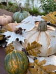 A variety of pumpkins in shades of white, green, and orange are arranged on a wooden table outdoors. Decorative paper leaves made from book pages and real dried leaves are scattered among the pumpkins, creating a festive autumn arrangement. Bushes and plants are visible in the background.