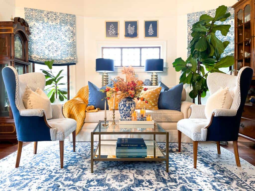 Blue and white living room decorated with Amazon fall decor 