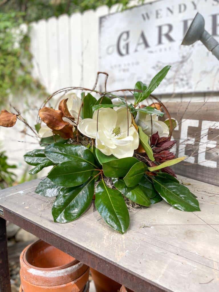 Simple DIY Magnolia Fall Centerpiece in a Pumpkin Frame