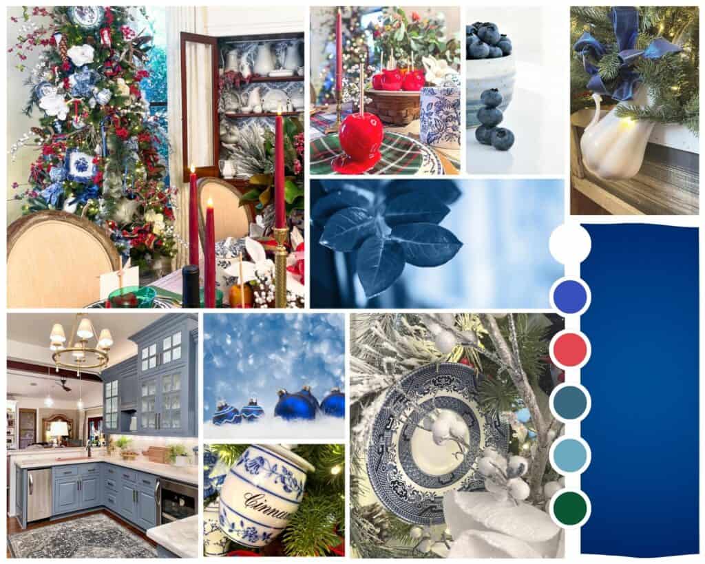 A blue and white mood board with touches of red and green for Christmas inspiration. 