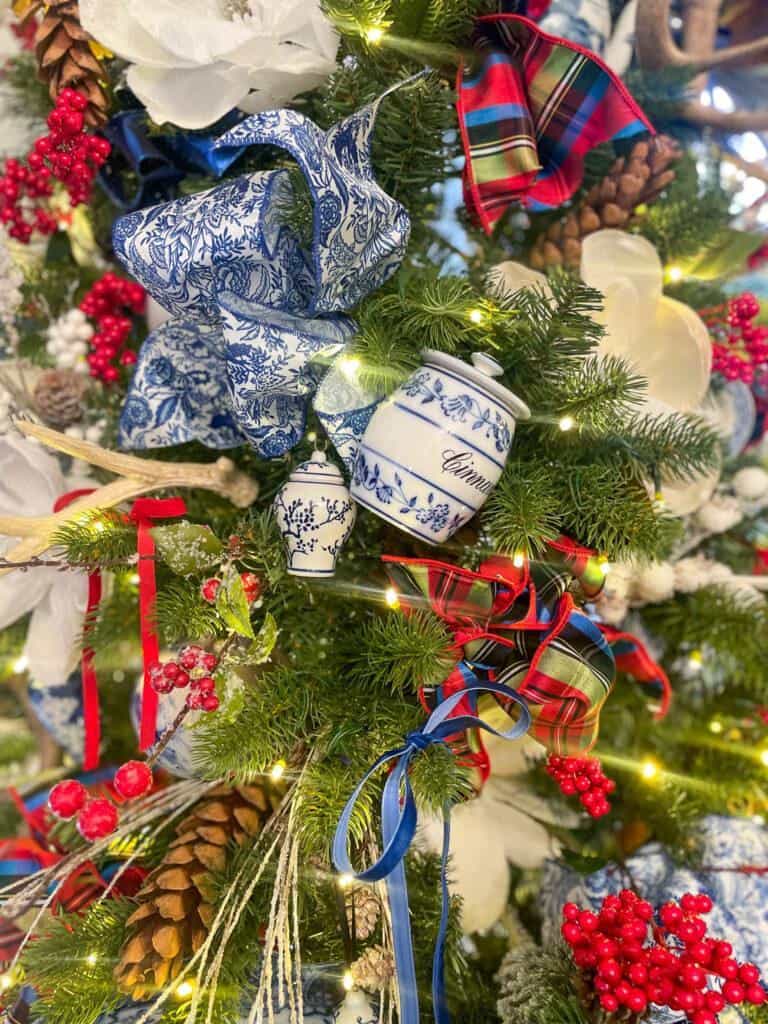 Blue and White Christmas Tree up close