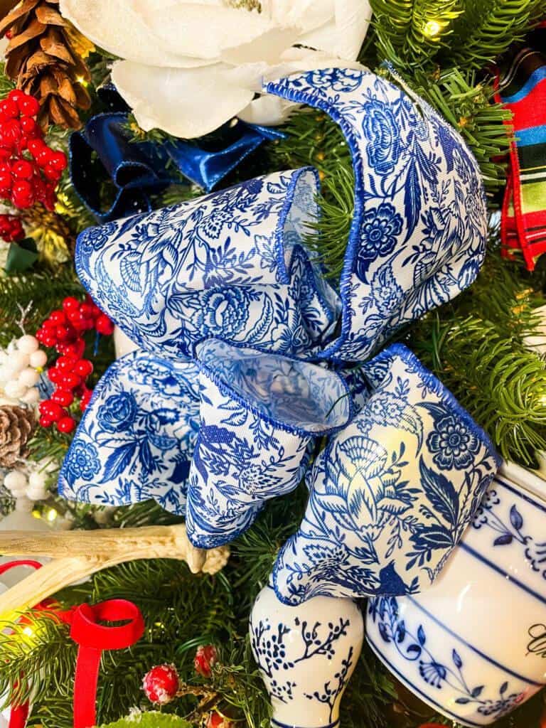Blue and white toile ribbon from D Stevens on my blue and white christmas tree 