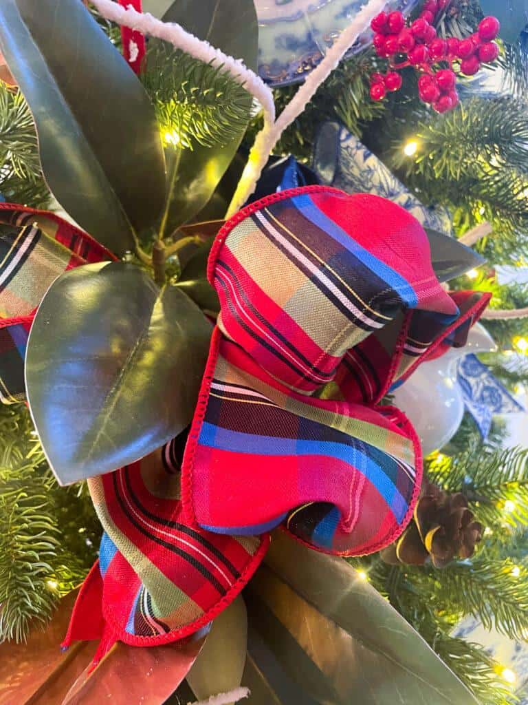 red and blue plaid ribbon by D Stevens for blue and white christmas tree 