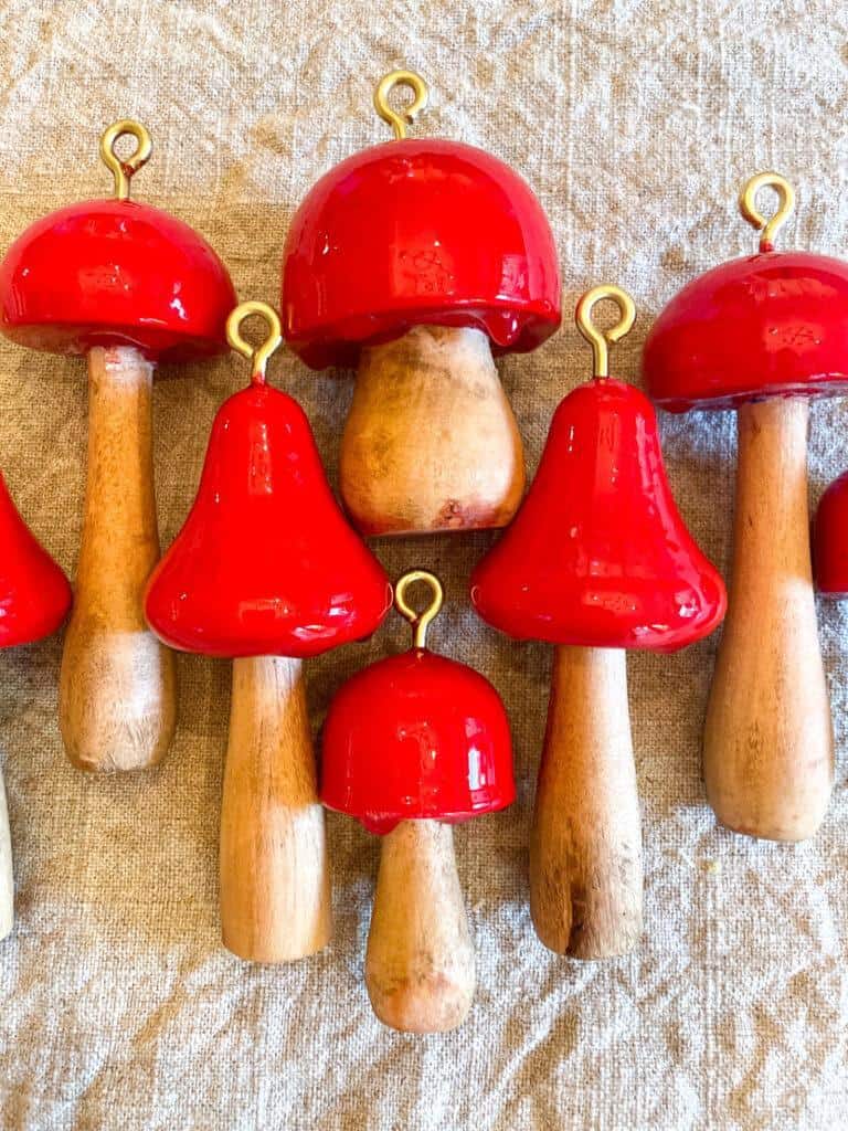red and natural wood epoxied mushroom ornaments 