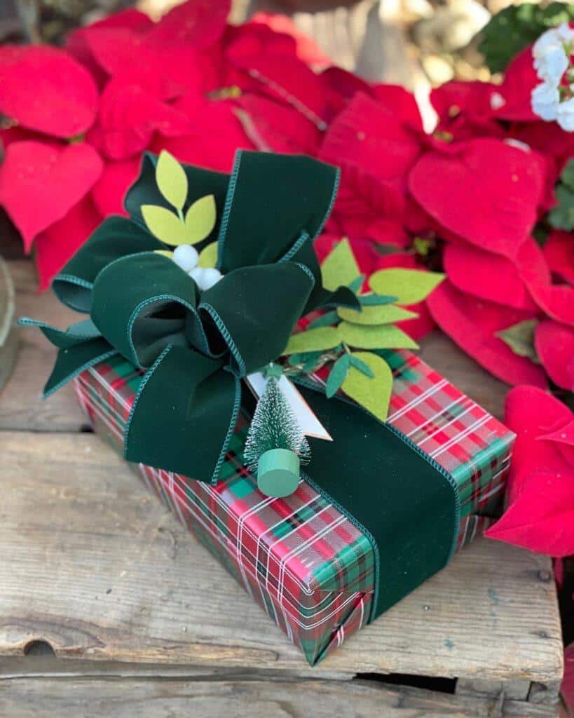 classic plaid gift wrapping with velvet ribbon 