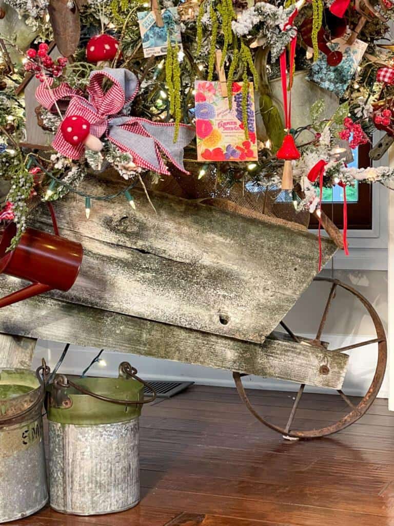wooden wheel barrel for artificail christmas treee stand 