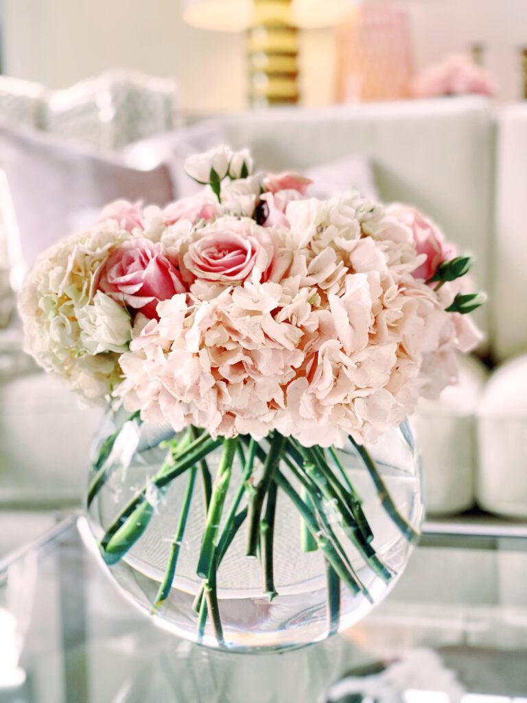 Valentines Day flower arrangement with pink hydrangeas