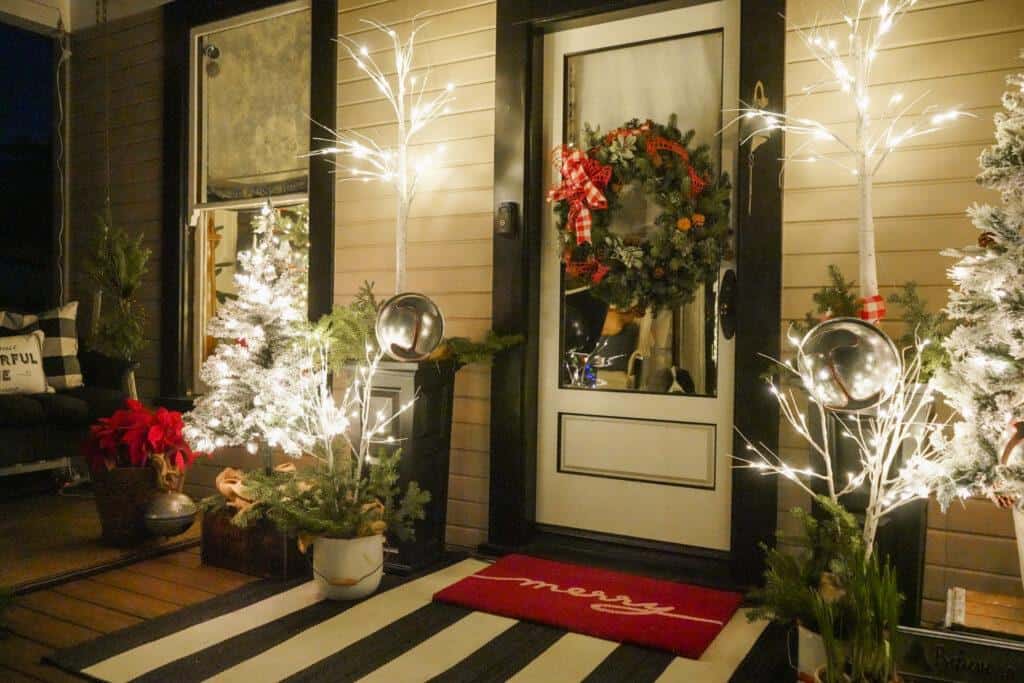 Front porch at night with lights-Outdoor Christmas porch decorations