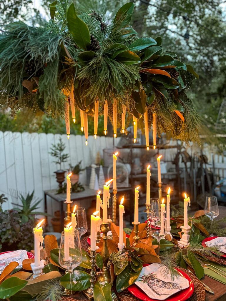 How to create an outdoor chandelier out of fresh greens an battery operated candles. 