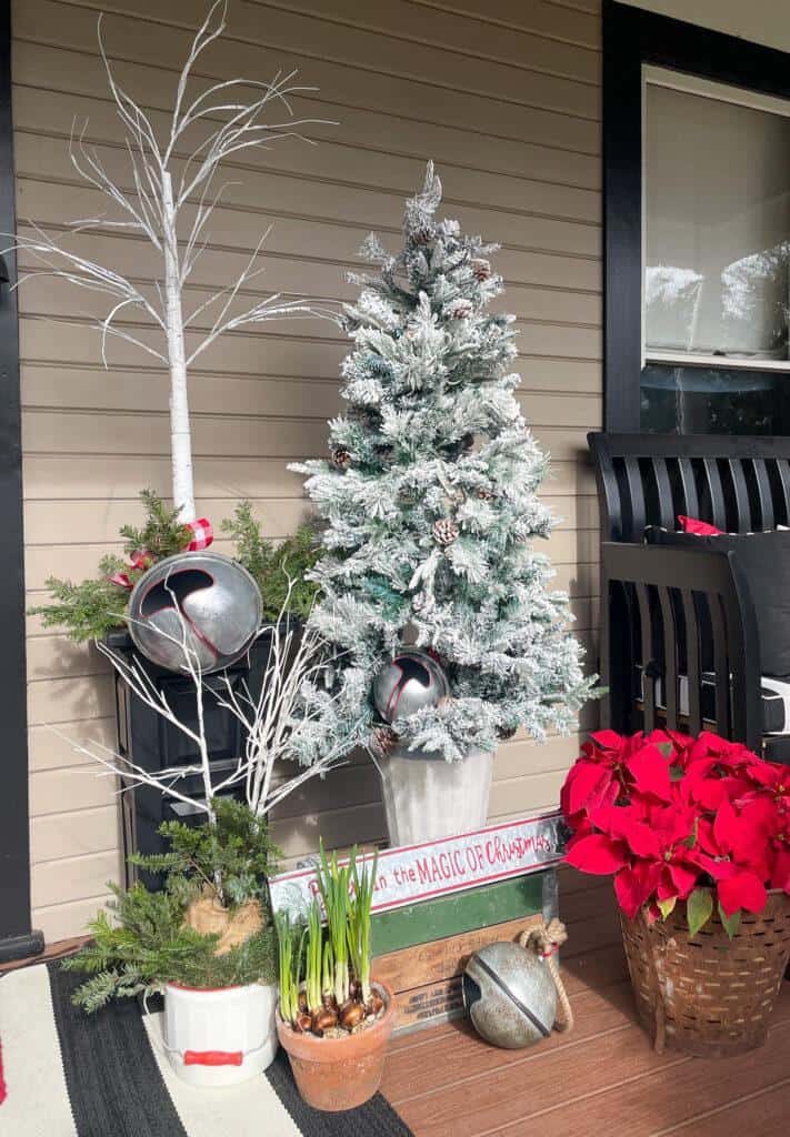 faux tree on fornt porch- Outdoor Christmas porch decorations