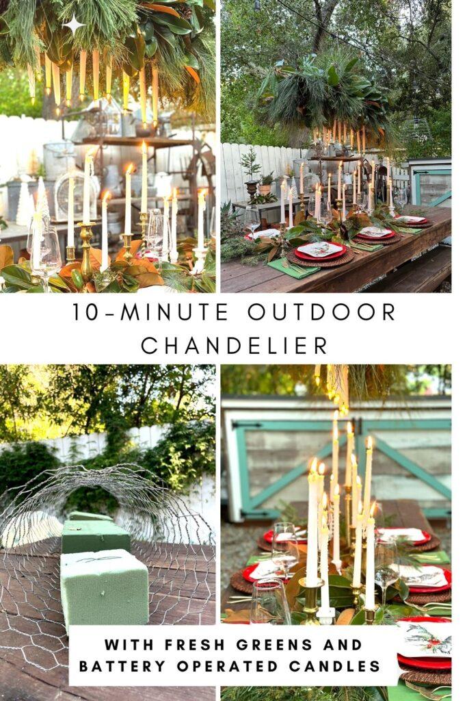 HOW TO MAKE AN OUTDOOR CHANDELEIR WITH FRESH GREENERY AND BATTERY OPERATED CANDLES 