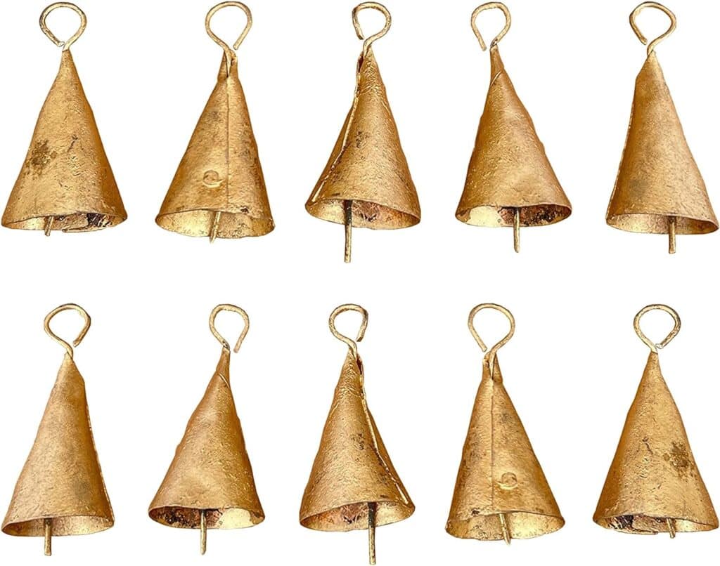 Gold triangular bells for Christmas. 