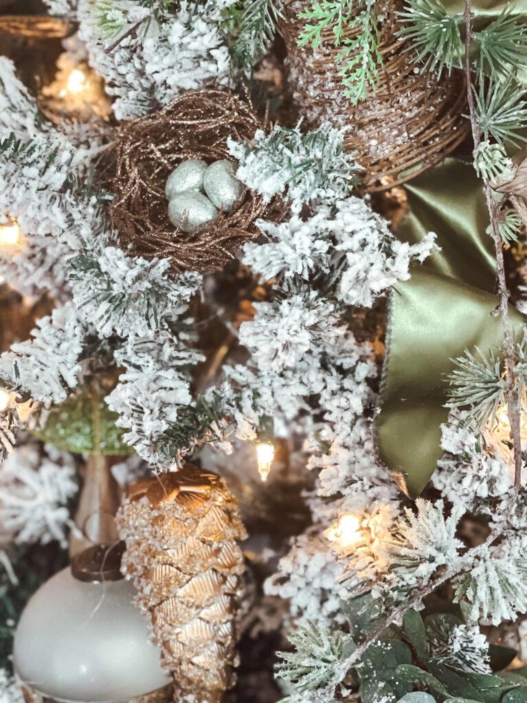 Christmas Tree decoraions on a flocked tree