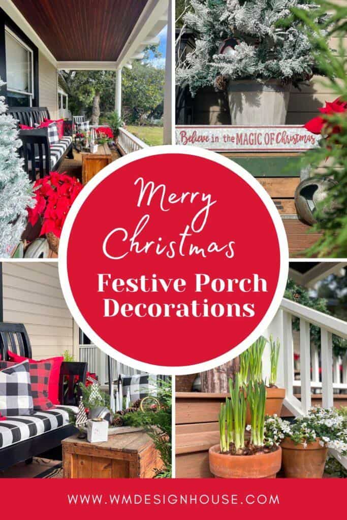Pinterst pin for Christmas outdoor porch decorating 