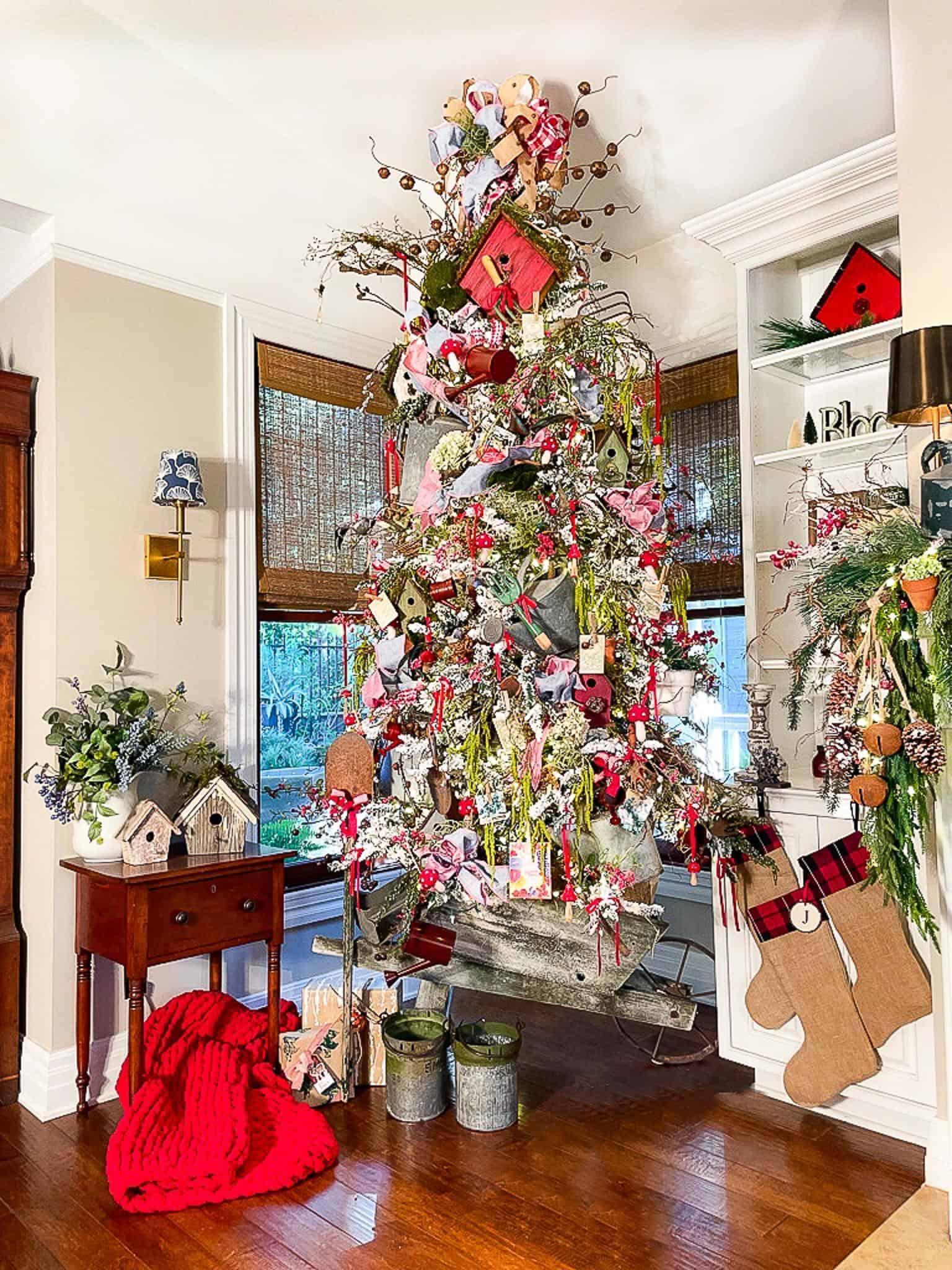 Garden themed tree in an unusual artifical christmas tree stand