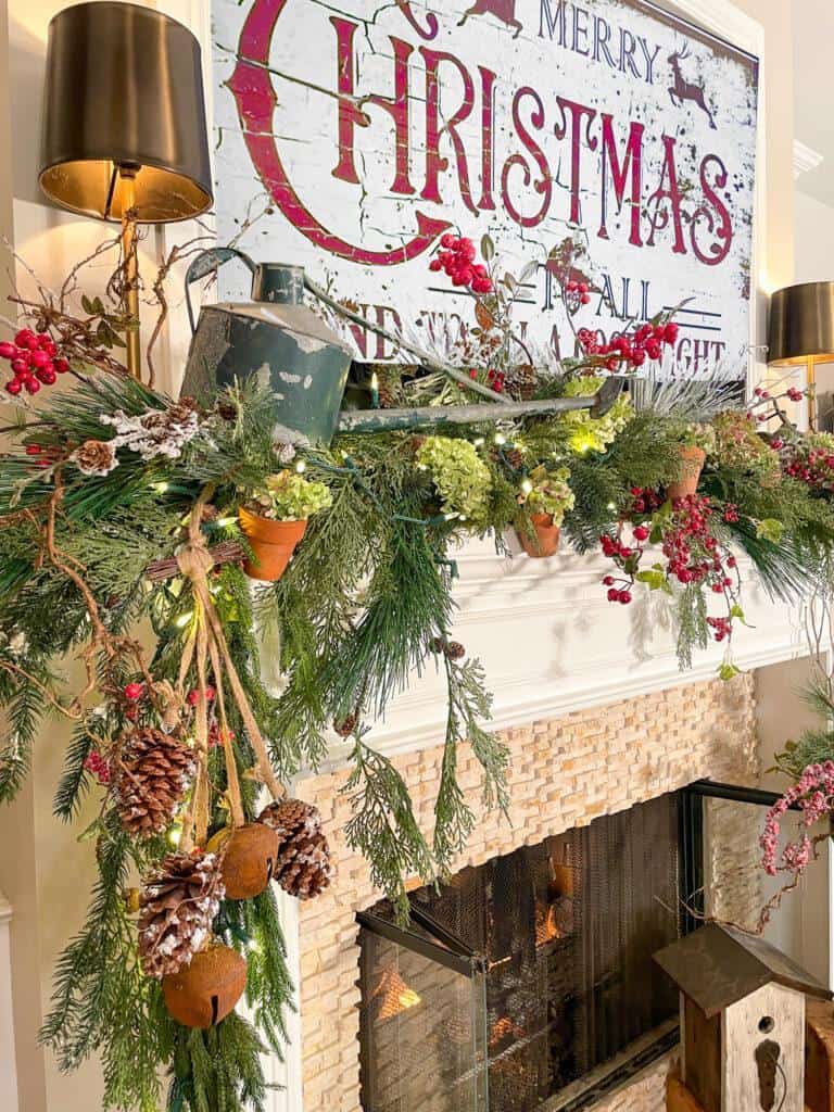 Family room mantle classic christmas decorations 
