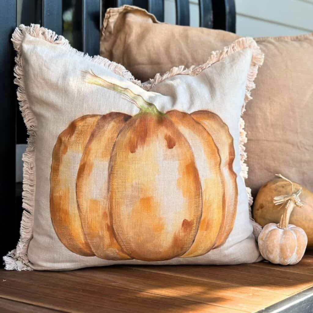 Hand painted pumpkin pillow on the bench out front 