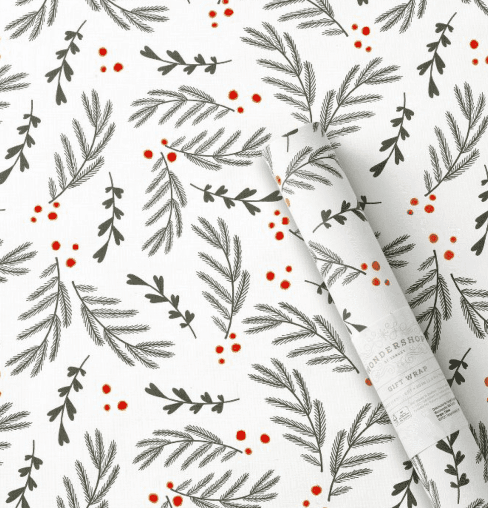 Target wrapping paper with sprigs and berries for Christmas 