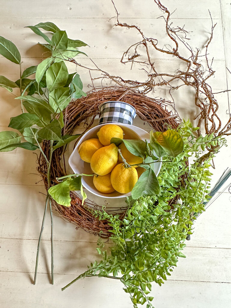 Supplies to make a fresh lemon wreath 