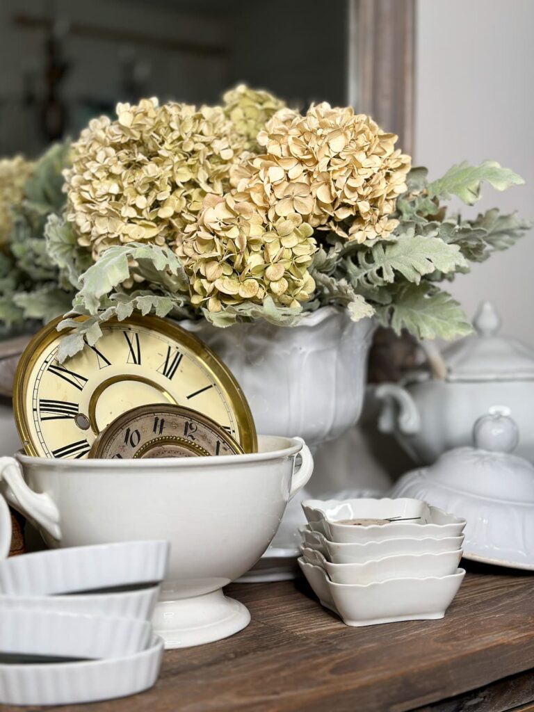 dried hydrangeas in white ironstone vase -Winter floral arrangement