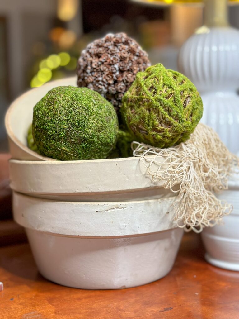 Moss balls in a stoneware bowl -Winter floral arrangement