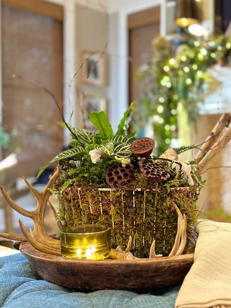 planted basket on coffee table -Winter floral arrangement