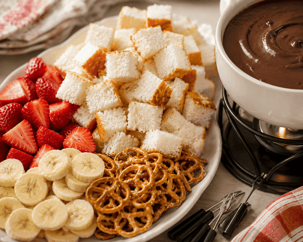 Plate with sliced strawberries, banana slices, pretzels, and cubes of store-bought angel food cake next to a pot of melted chocolate fondue with dipping forks on the side.