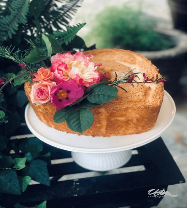 Angel food cake decorated with flowers