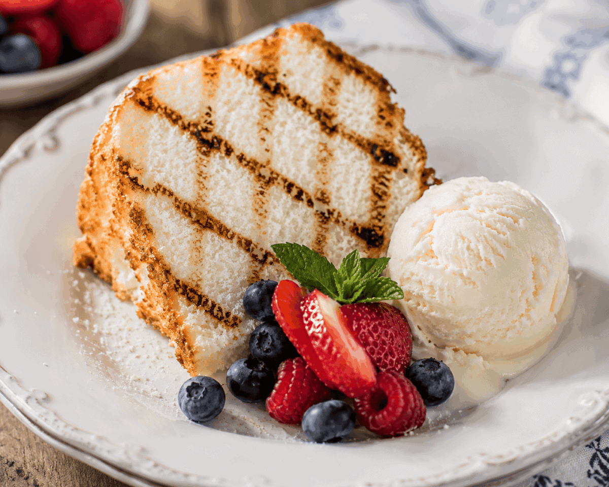 Slice of store-bought angel food cake, grilled to perfection and served with a scoop of vanilla ice cream, garnished with fresh strawberries, blueberries, raspberries, and a mint sprig on a white plate.