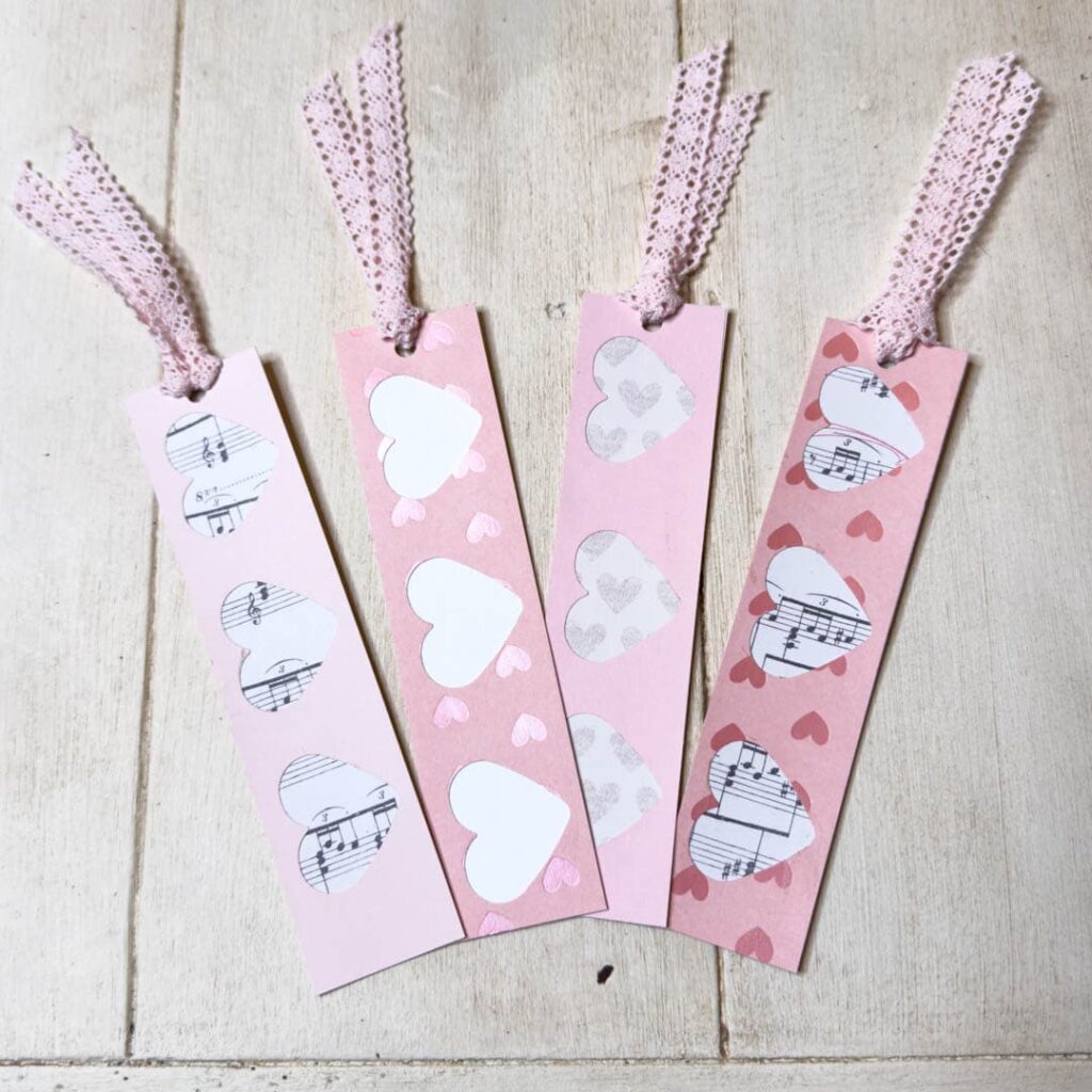 paper bookmarks made out of scrap paper and ribbon- Valentines Day tree 