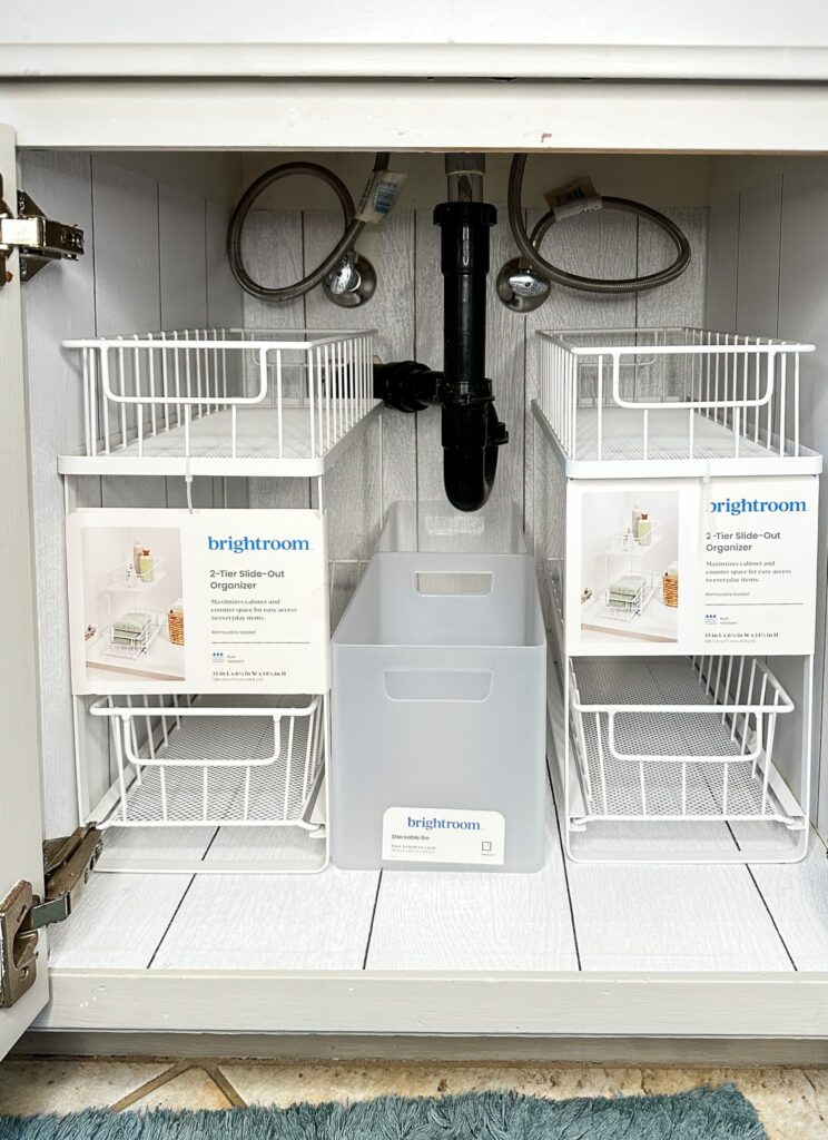 Bathroom cabinet with new organizing bins